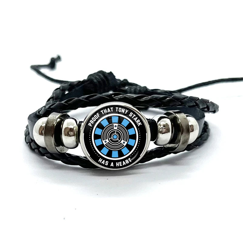 Bracelet Cuir Tony Stark Réacteur Arc - Noir Rayures Bleu Ciel
