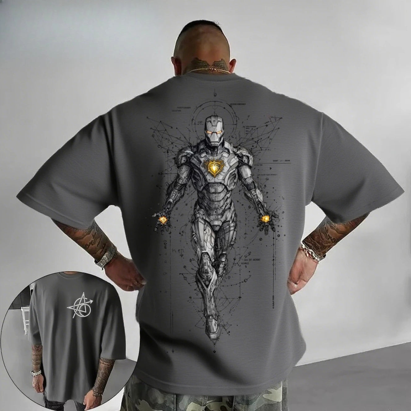 T-Shirt Avengers Iron Man - Cyberpunk Tech Line Art Blanc Oversize