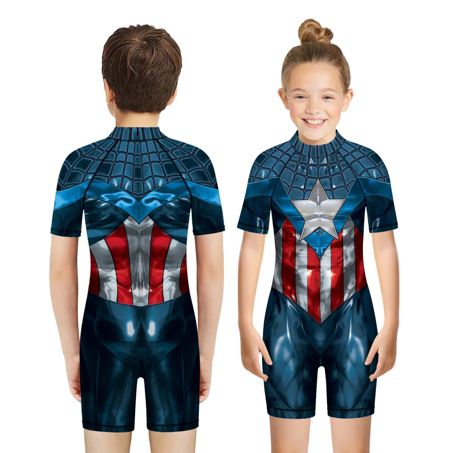 Maillot de Bain Enfant Captain America - Combinaison 3D Étoile Manches Courtes