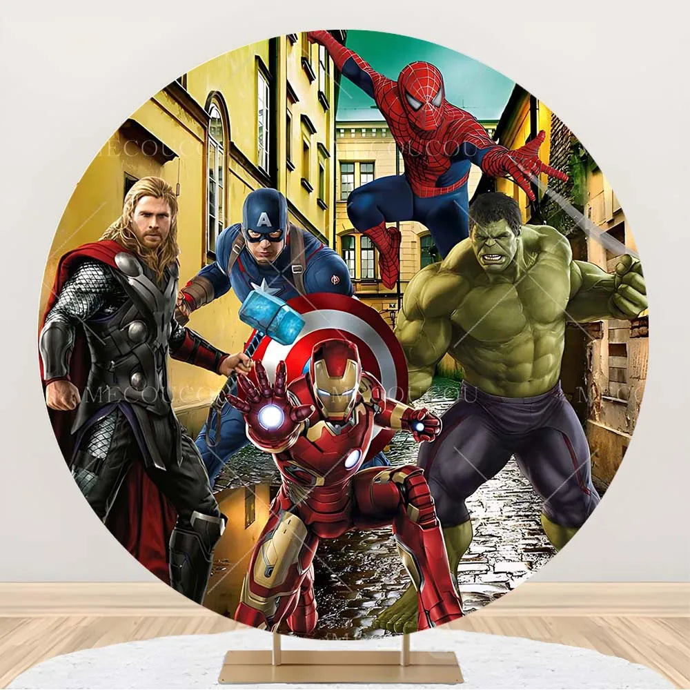 Toile de Fond Ronde Avengers - Décor Anniversaire Groupe Héros