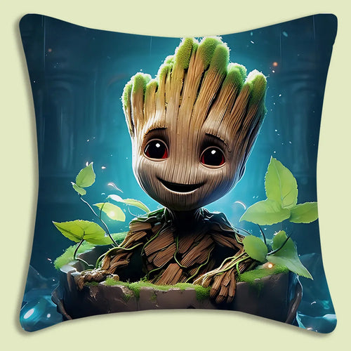 Housse de Coussin Baby Groot - Souriant en Pot Fond Bleu