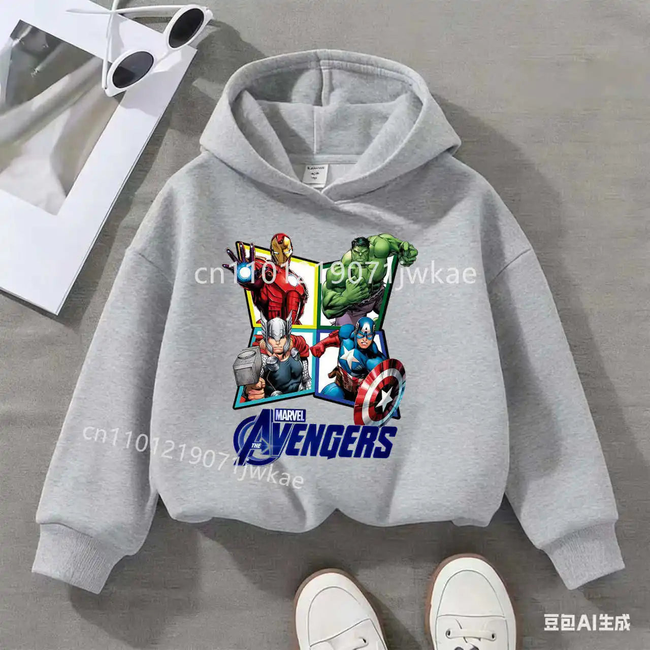 Sweat Capuche Enfant Avengers Losange 4 Heros - Gris