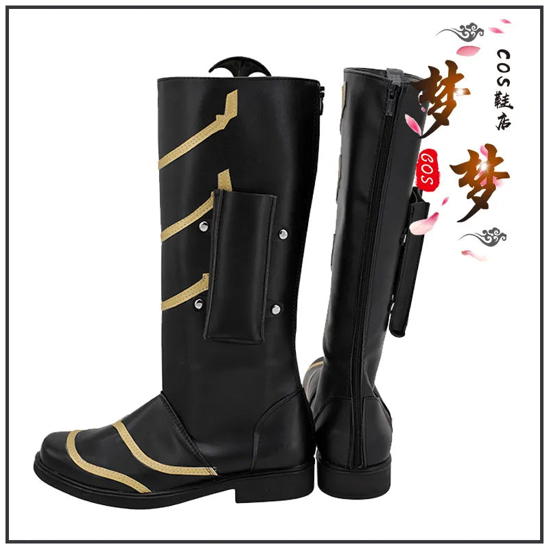 Bottes Cosplay Fantaisie - Cuir Noir et Doré Zigzag (Femme)