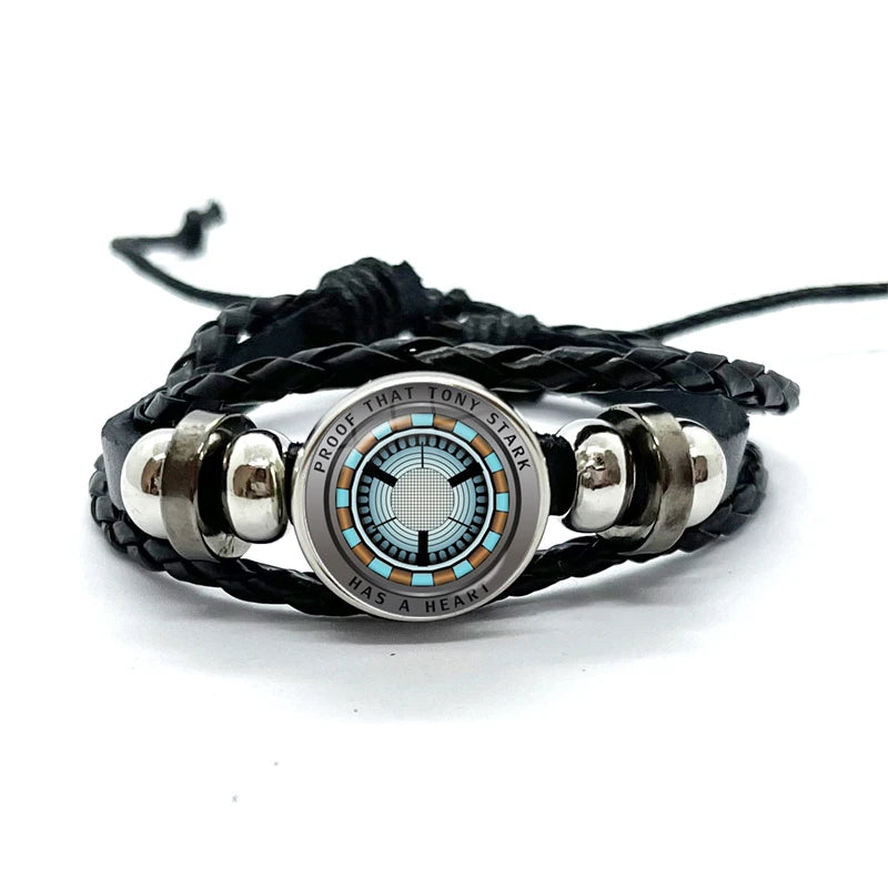 Bracelet Cuir Tony Stark Réacteur Arc - Noir Rayons Turquoise Triangles