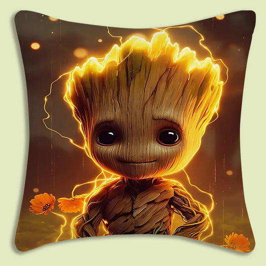 Housse de Coussin Baby Groot - Contour Électrique Doré Fleurs