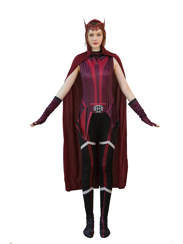 Costume Cosplay Wanda Maximoff Scarlet Witch - Combinaison Rouge Cape avec Coiffe