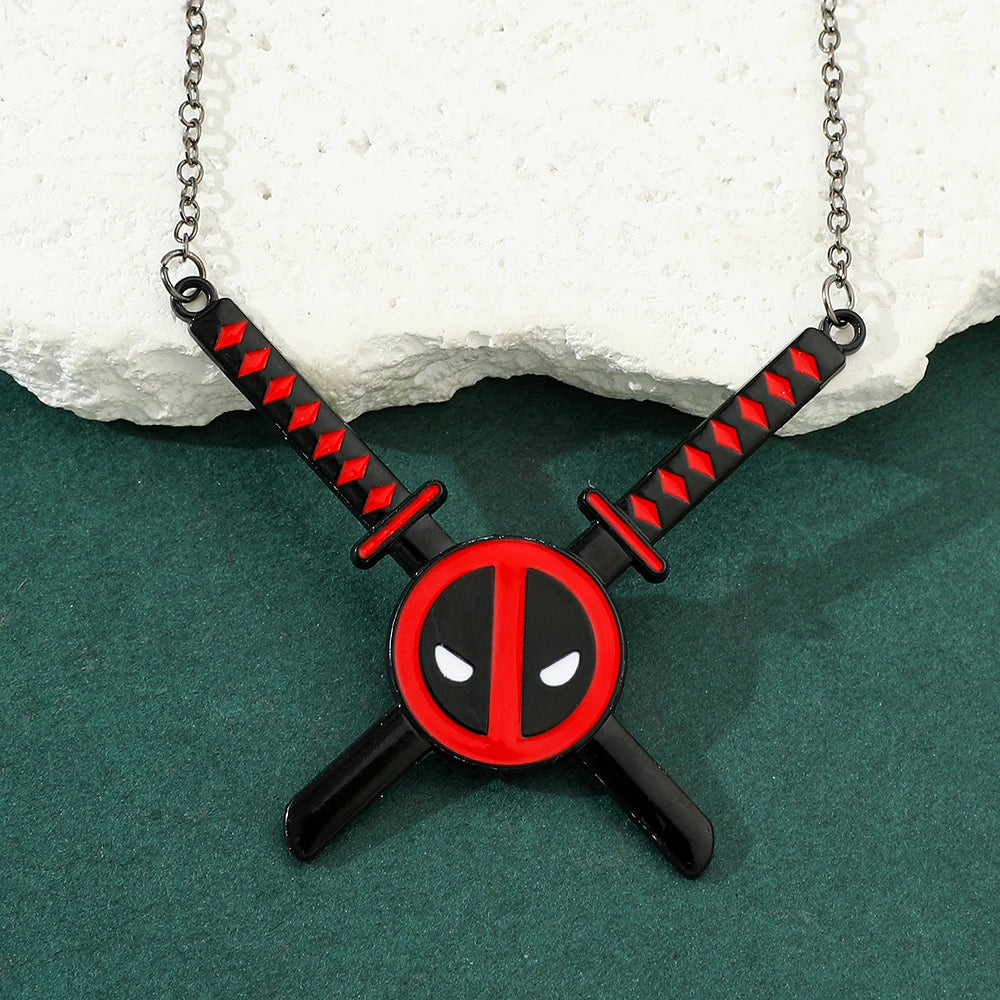 Collier Pendentif Deadpool - Double Katana Croisé Rouge Noir