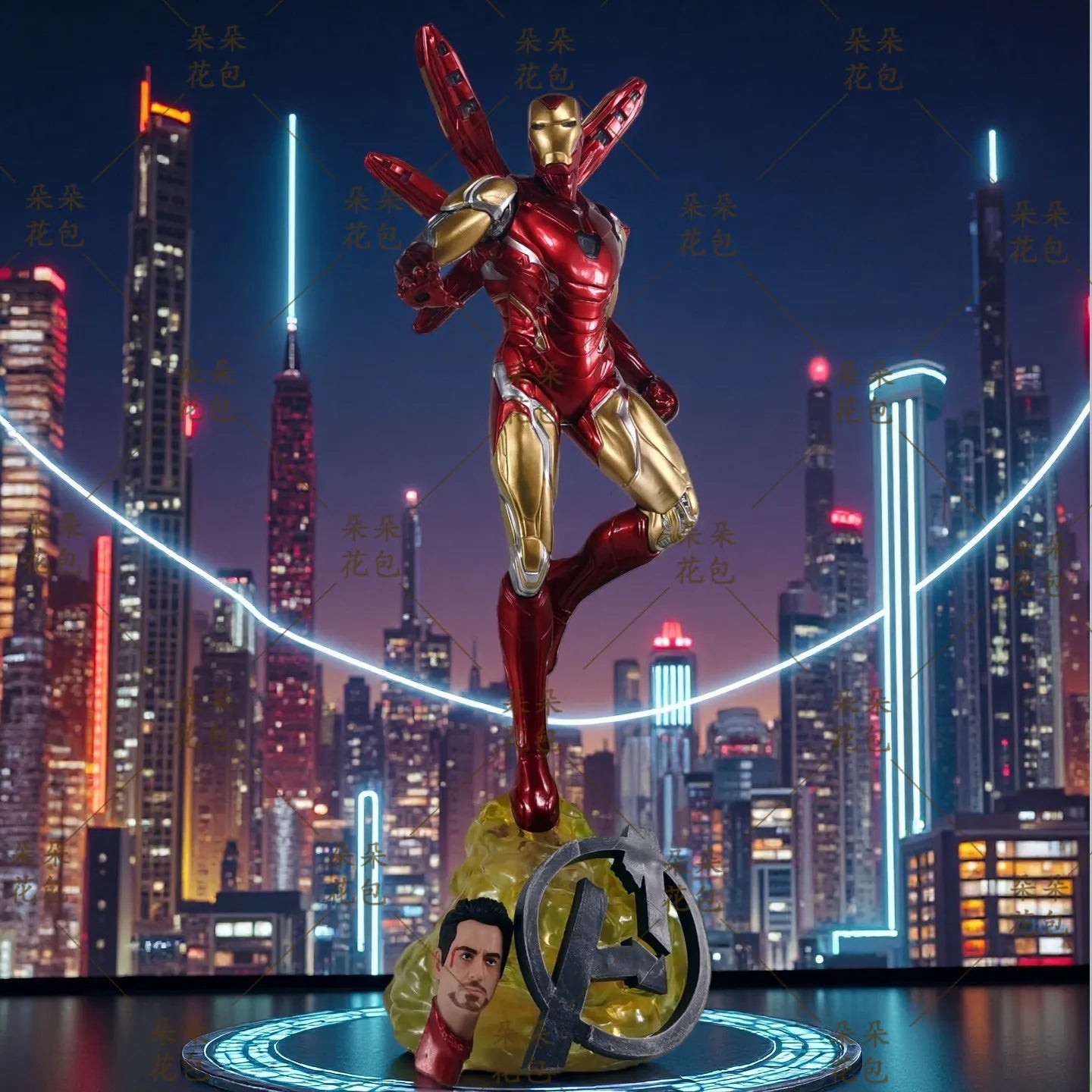 Statue Iron Man Double Tête LED - Skyline Nocturne Avengers
