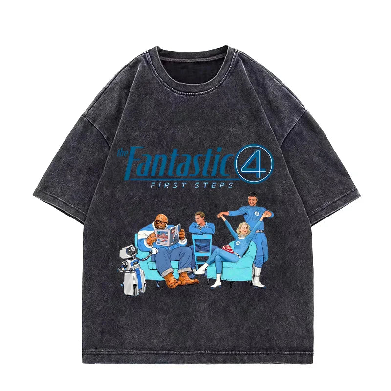 T-Shirt The Fantastic 4 - Délavé Noir Équipe Salon Oversize