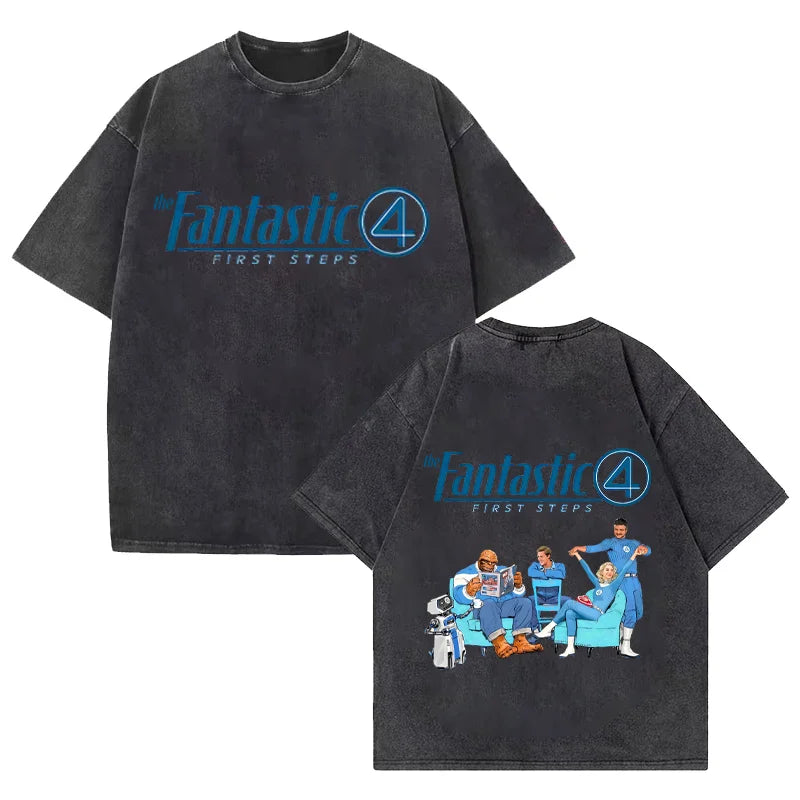 T-Shirt The Fantastic 4 - Délavé Noir Équipe Salon Oversize