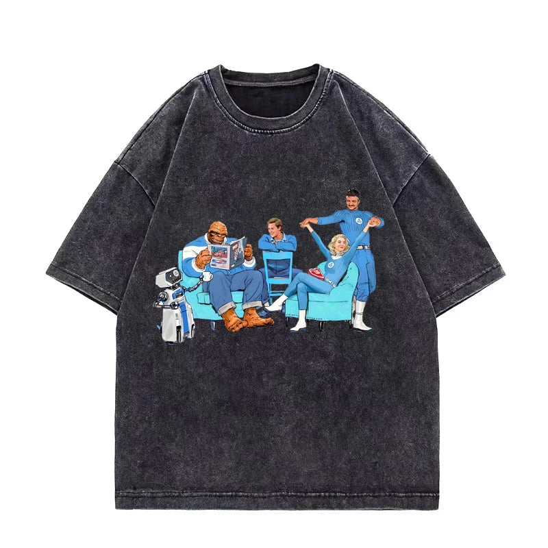 T-Shirt The Fantastic 4 - Délavé Noir Équipe Salon Oversize