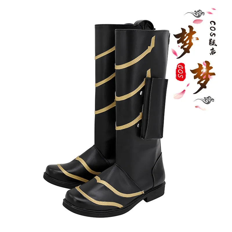 Bottes Cosplay Fantaisie - Cuir Noir et Doré Zigzag (Homme)