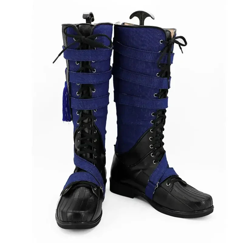 Bottes Cosplay Fantaisie - Cuir Bleu Marine et Noir avec Pompon (Femme)