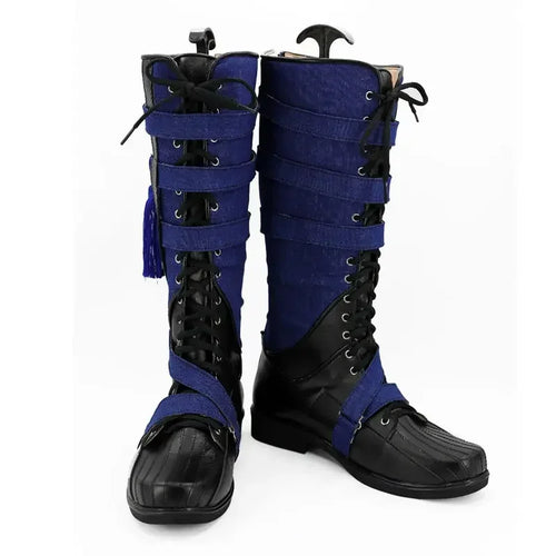 Bottes Cosplay Fantaisie - Cuir Bleu Marine et Noir avec Pompon (Femme)