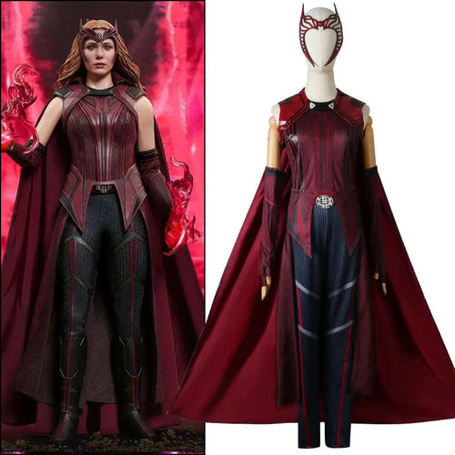 Costume Cosplay Wanda Maximoff Scarlet Witch - Combinaison Rouge Cape avec Coiffe