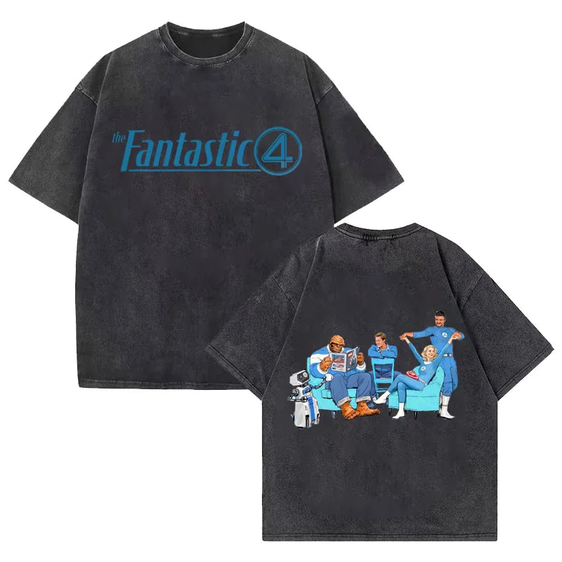 T-Shirt The Fantastic 4 - Délavé Noir Équipe Salon Oversize