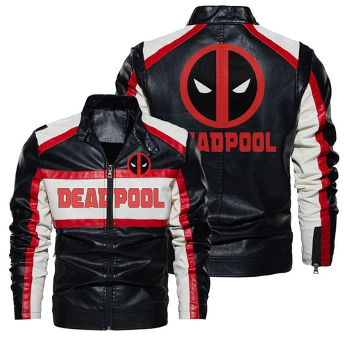 Veste Cuir Homme Deadpool - Logo Rouge Noir Blanc Motard
