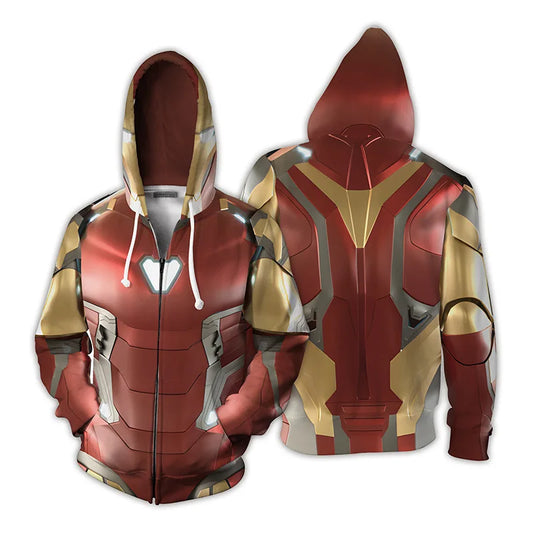 Sweat à Capuche Zippé Iron Man - Impression 3D Armure Rouge et Or