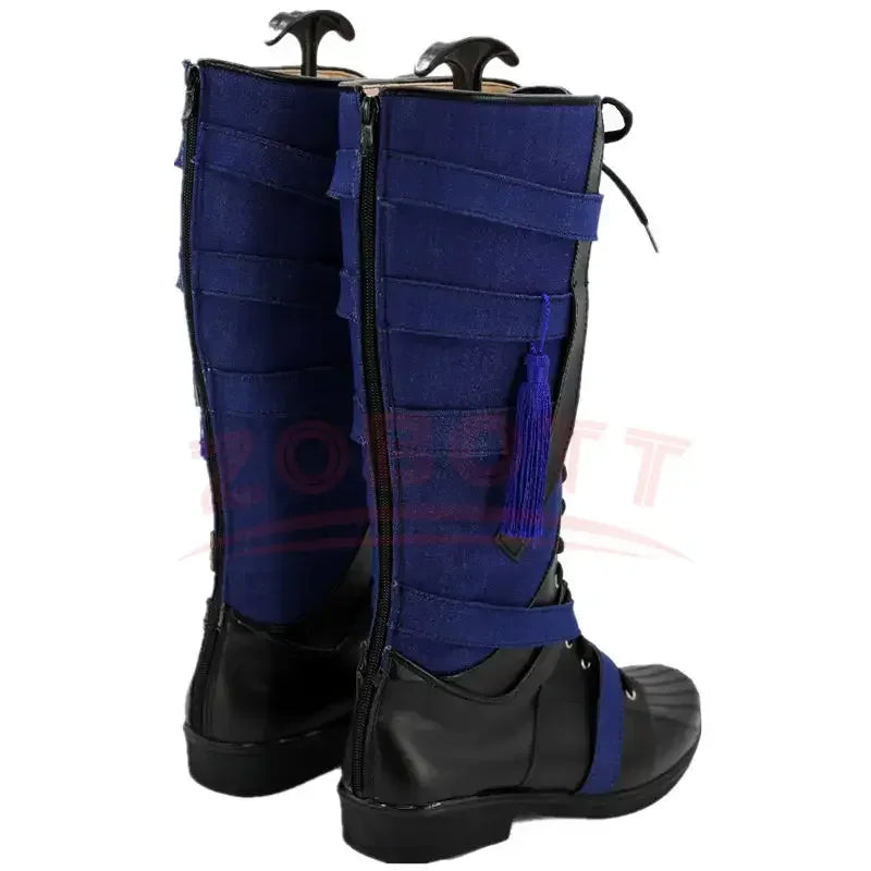 Bottes Cosplay Fantaisie - Cuir Bleu Marine et Noir avec Pompon (Femme)