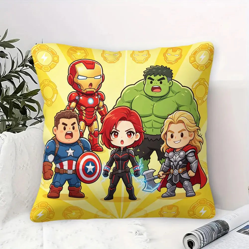 Coussin Avengers Chibi 45x45cm - Iron Man Hulk Captain America Black Widow Thor Fond Jaune