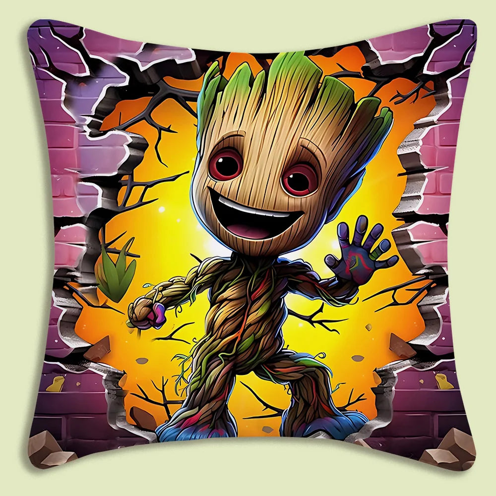 Housse de Coussin Baby Groot - Traversant Mur Brique Rose Jaune