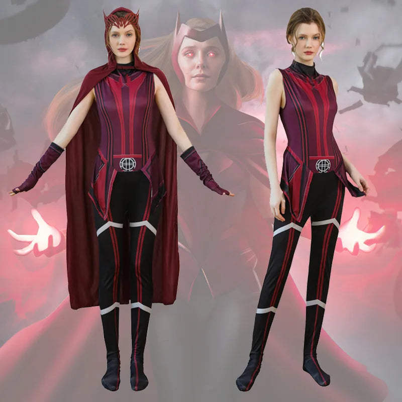 Costume Cosplay Wanda Maximoff Scarlet Witch - Combinaison Rouge Cape avec Coiffe