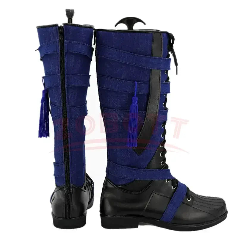 Bottes Cosplay Fantaisie - Cuir Bleu Marine et Noir avec Pompon (Femme)